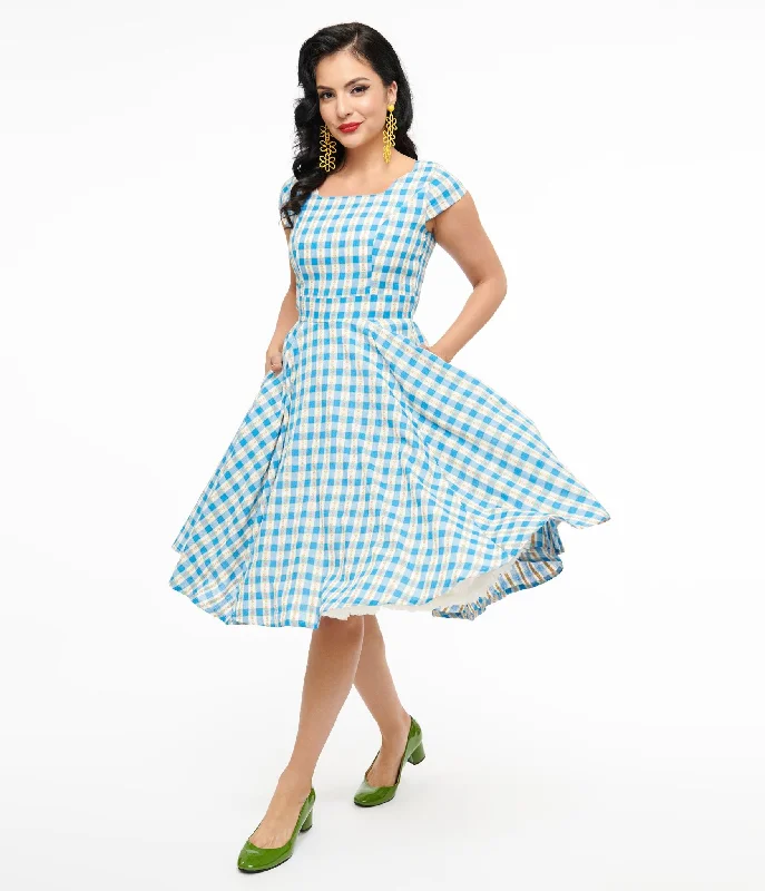 Magnolia Place 1950s Blue Floral Gingham Anna Swing Dress Tunics Practical durable