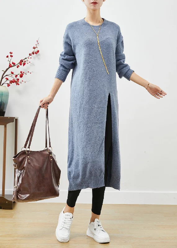 Style Blue Grey O-Neck Side Open Knit Long Dress Fall Boatneck Modish Everyday