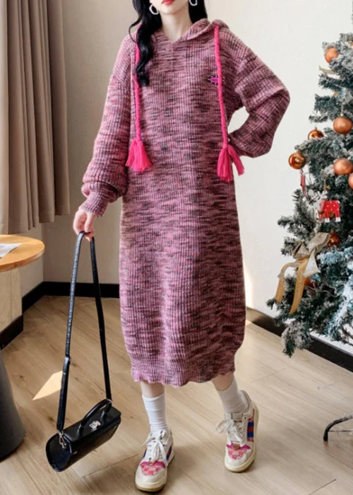 Beautiful Pink Lace Up Patchwork Cotton Knit Long Dress Winter Tunics Fall fleece