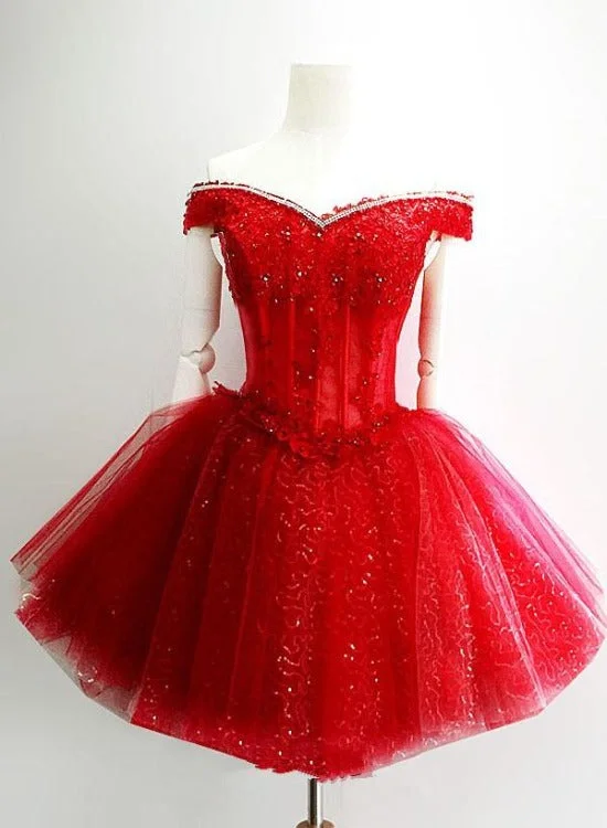 Adorable Red Sweetheart Shiny Tulle Off Shoulder Short Homecoming Dress, Red Party Dress Tunics Spring floral