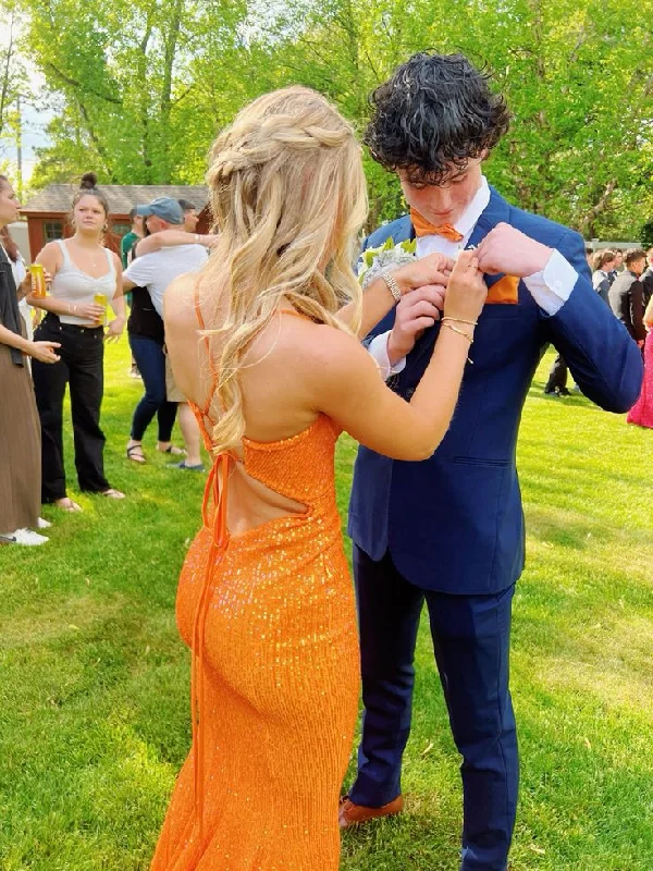 Orange Straps Mermaid Sequins Long Formal Prom Dress Evening Party Dress, DP4693 Pleated Skirt Elegant