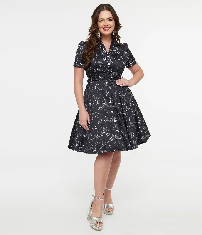 Voodoo Vixen 1950s Black & White Midnight Western Fit & Flare Dress Tunics Summer linen