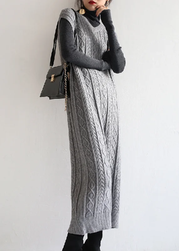 Loose Grey V Neck Patchwork Knit Long Dressess Sleeveless Boat Neckline Classic