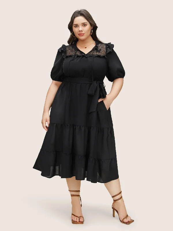 Butterfly Patchwork Tie Neck Ruffles Belted Dress Turtleneck Warm Winter