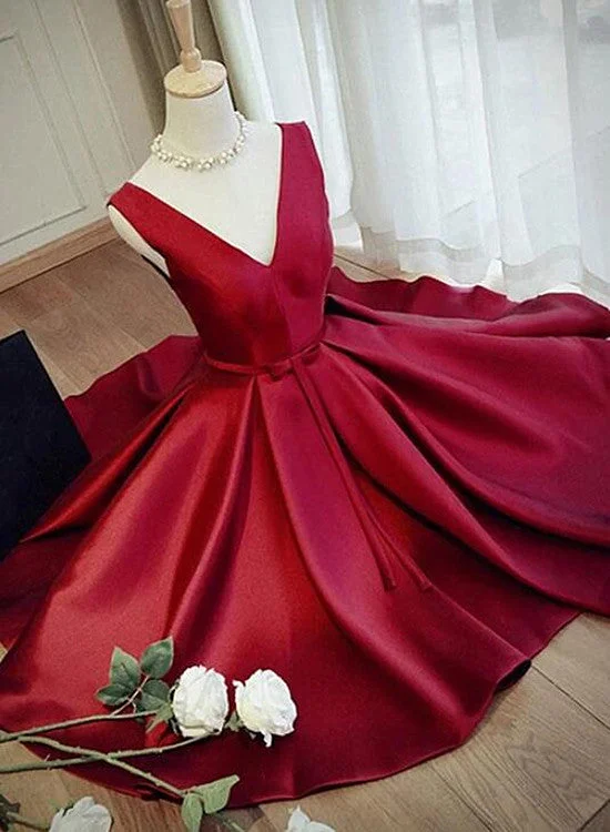 Lovely Wine Red Satin Knee Length Party Dress, Burgundy Homecoming Dress Mermaid Tail Wedding