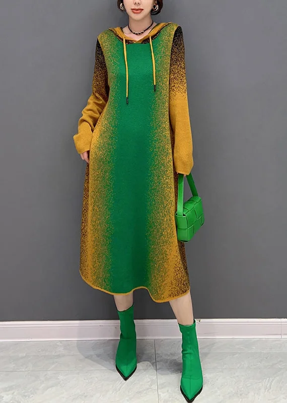 Gradient Color Green Neck Tie Hooded Knit Long Dress Winter Tunics Handmade artisanal