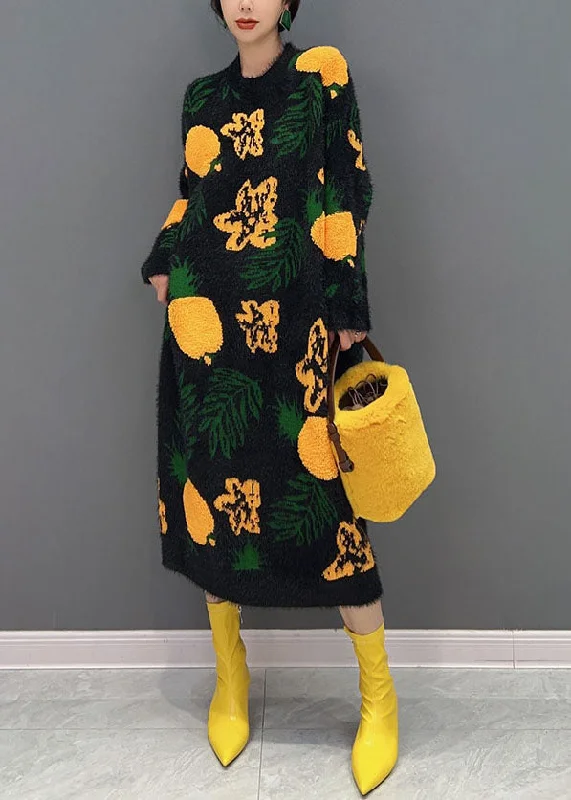 Black Jacquard Mink Hair Knitted Long Dress O-Neck Oversized Winter Tunics Stylish elegant