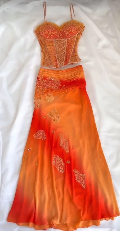 Orange Straps Beading Two Pieces Long Party Dress Vintage Evening Dress, DP4683 Boatneck Modish Everyday