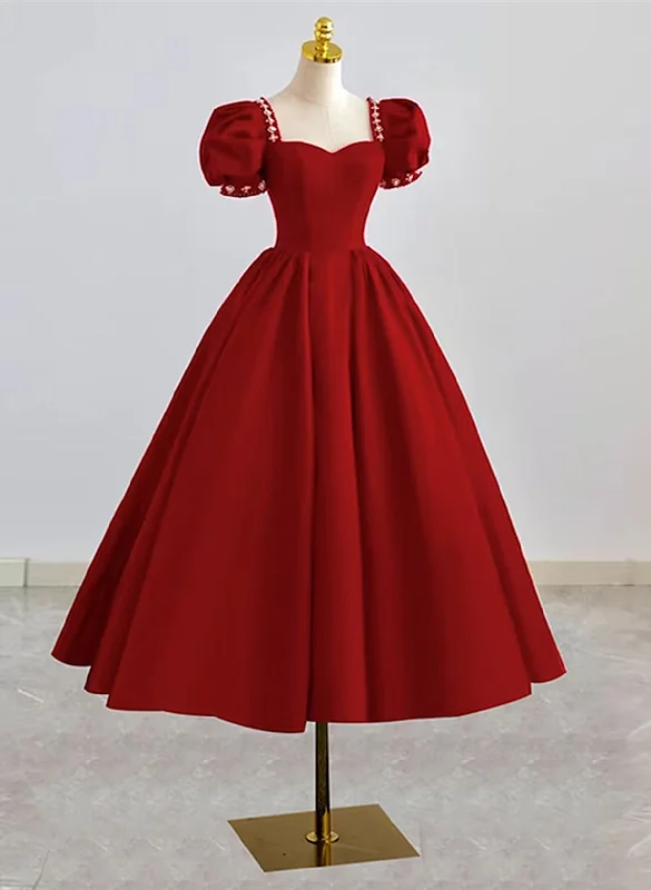 Wine Red Beaded Tea Length Party Dress, Wine Red Short Homecoming Dress Formal Dress Glittery Long Formal