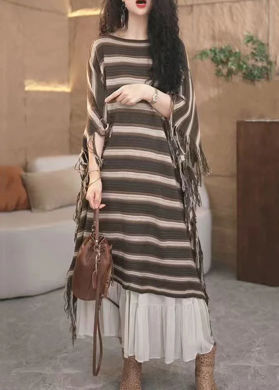 Loose Striped Tasseled Patchwork Knit Long Dresses Fall empire Waist empire