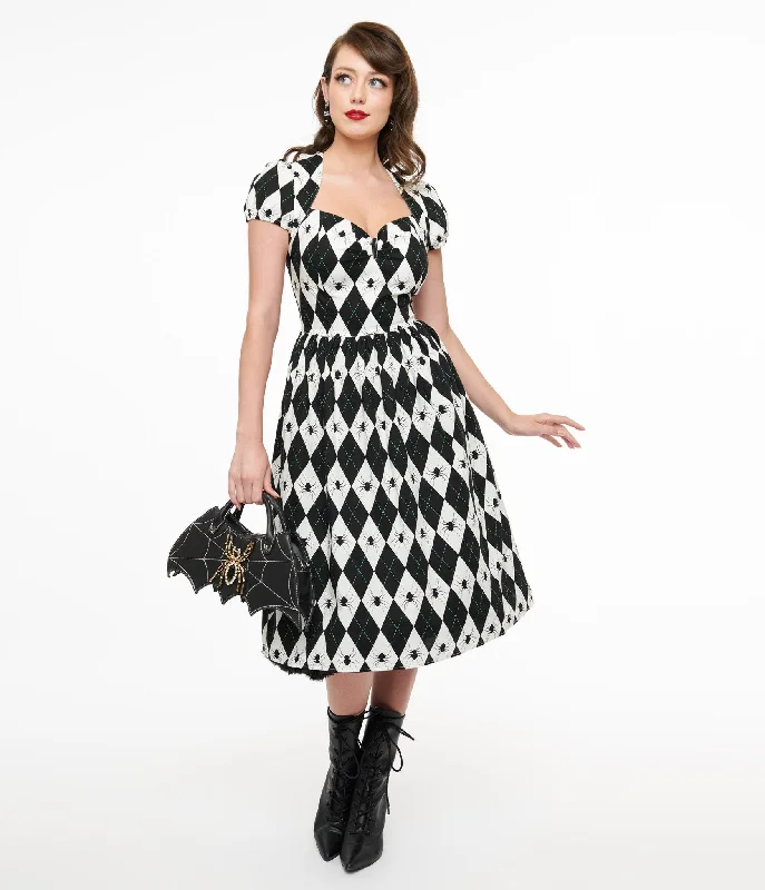 Hell Bunny Black & White Argyle Spider Print Regina Fit & Flare Dress Tunics Chinos classic