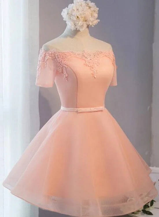 Pink Off Shoulder Short Homecoming Dress, Lovely Party Dress Square Neckline Feminine