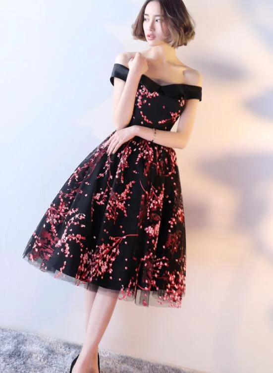 Stylish Black Off Shoulder Party Dress, Beautiful Floral Prom Dress Tunics Occasion special