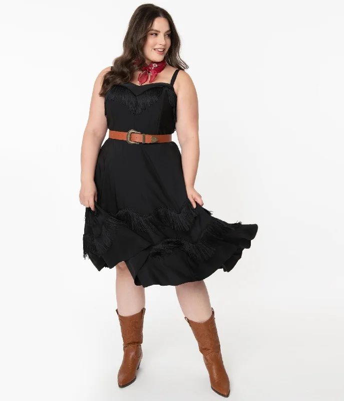 Unique Vintage Plus Size 1950s Black Fringe Girlie Swing Dress Crew Neckline Casual