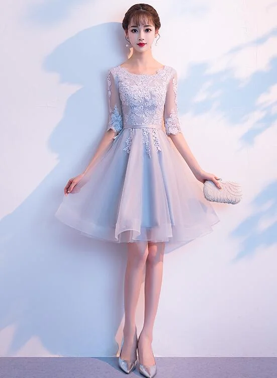 Light Grey Short Sleeves Tulle with Lace Party Dress, Bridesmaid Dress Tunics Office stylish