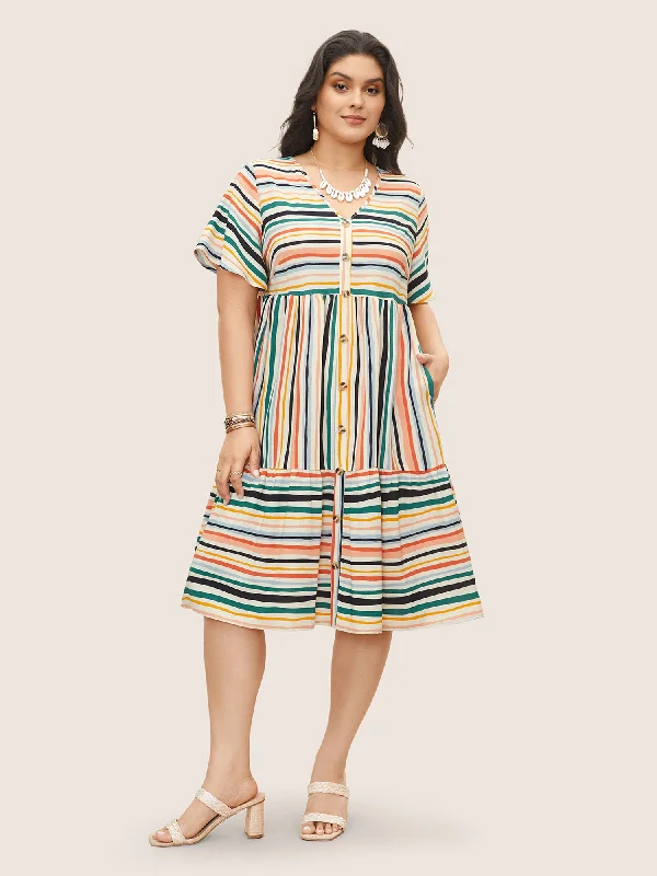 Colored Stripes Button Detail Patchwork Ruffle Sleeve Dress Tunics Yoga stretchy