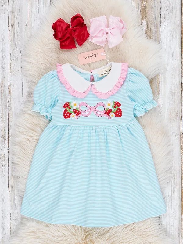 Embroidered Strawberry Bows Ruffle Dress Tunics Hiking breathable