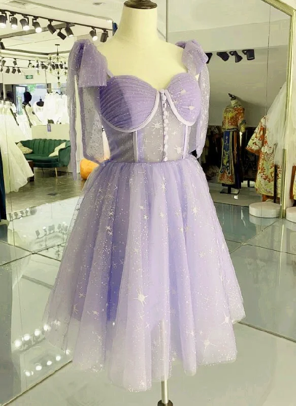 Lavender Tulle Short Straps Party Dress, Tulle Homecoming Dresses Tunics Polka dots