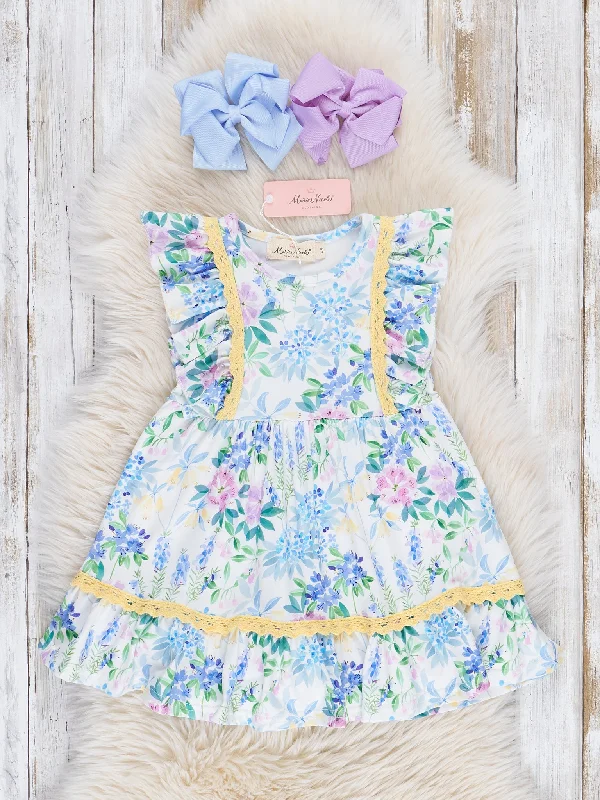 Periwinkle & Yellow Painted Blooms Ruffle Dress Tunics Fashionable chic