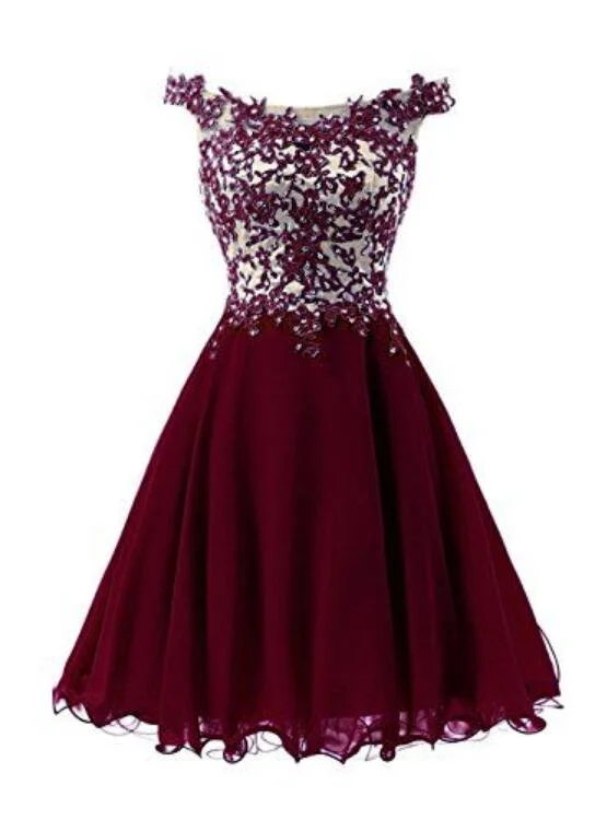 Beautiful Wine Red Short Lace Applique Party Dress, A-line Short Homecoming Dresses Tunics Vintage classic
