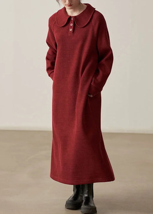 Loose Wine Red Pockets Cozy  Cotton Knit Long Dresses Fall Bodycon Club Sequined