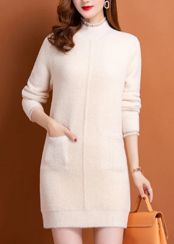 Italian Beige Pockets Mink Hair Knitted Warm Fleece Dress Spring Tunic Top Casual