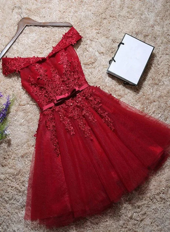 Dark Red Off Shoulder Homecoming Dress , Women Short Party Dress Tunics Running lightweight