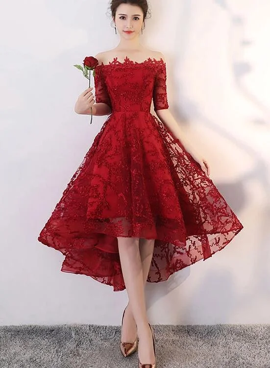 Beautiful Wine Red Lace Party Dress, High Low Prom Dress Tunics Evening elegant