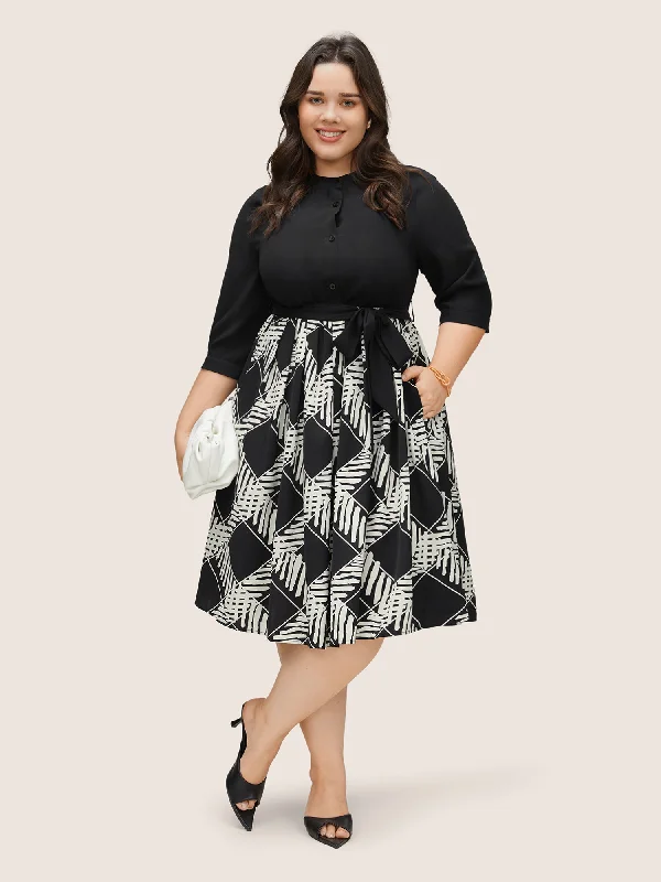 Geometric Belted Mock Neck Button Up Dress Tunics Versatile stylish