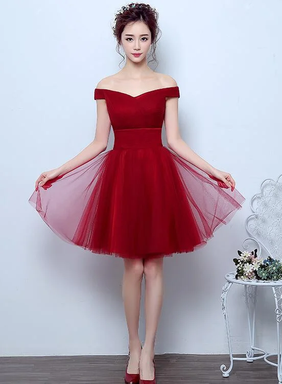 Wine Red Off Shoulder Party Dress, Tulle Short Formal Dress Tunics Wedding white