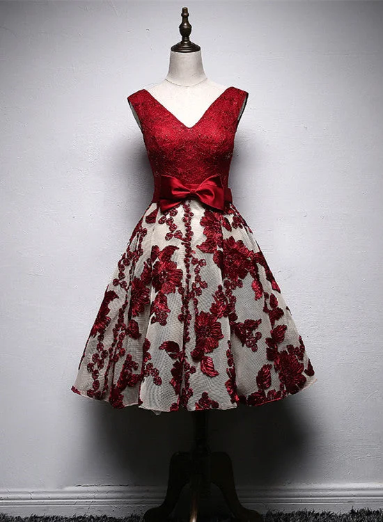 Cute Lace Short Party Dress V-neckline, Lovely Prom Dress Tunics Polka dots