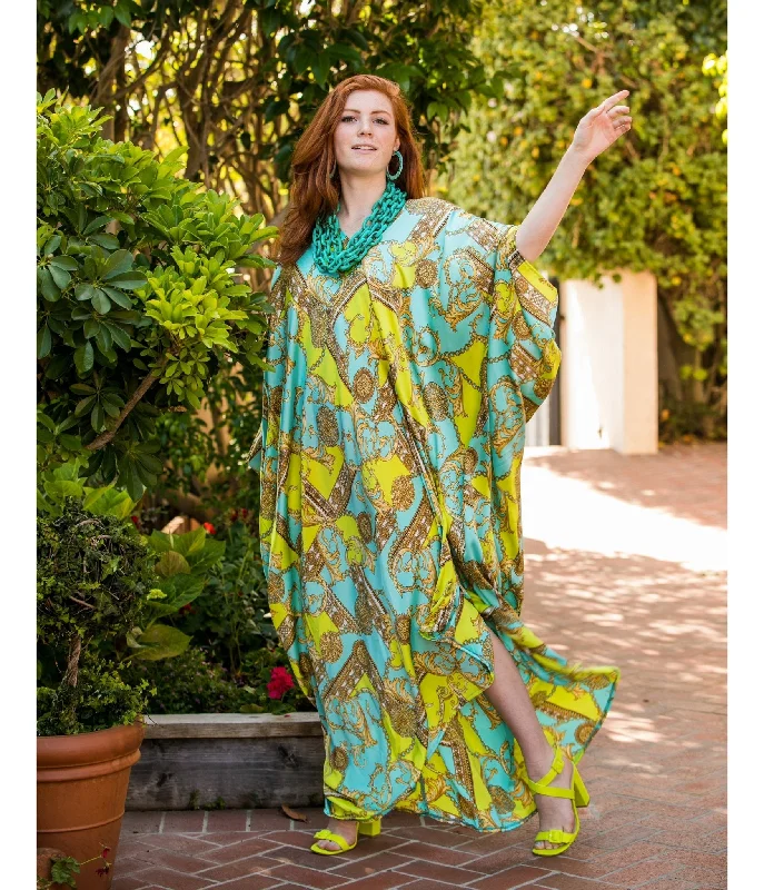 Jennafer Grace Blue & Green Boho Print Caftan Dress Tunics Trendy modern