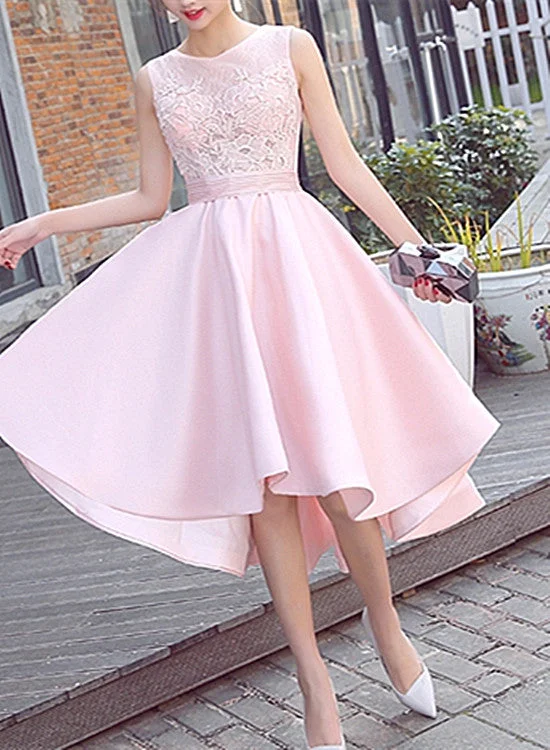 Fashionable High Low Satin Lace Pink Party Dress, Pink Bridesmaid Dress Tunics Fall fleece