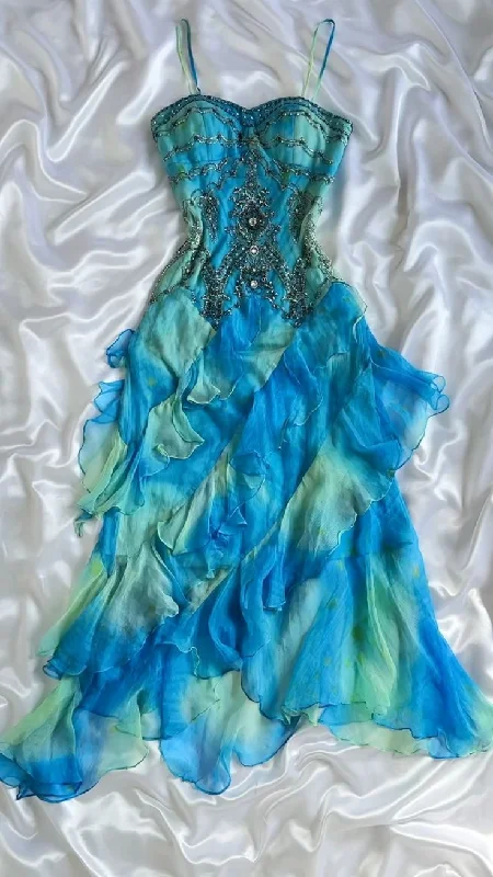 Blue Ombre Spaghetti Straps Beading Ruffles Vintage Long Party Dress, DP4665 Tunics Floral girly