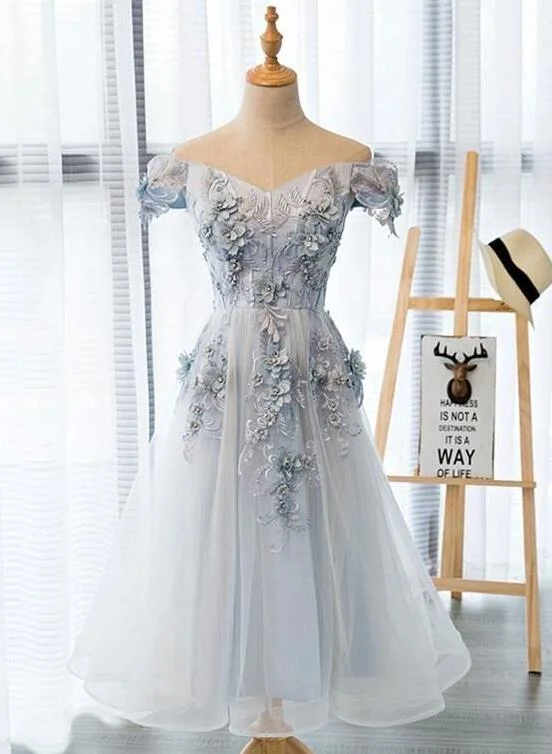 Beautiful Light Grey Flowers Tea Length Party Dress, Short Prom Dress Tunics Distressed trendy