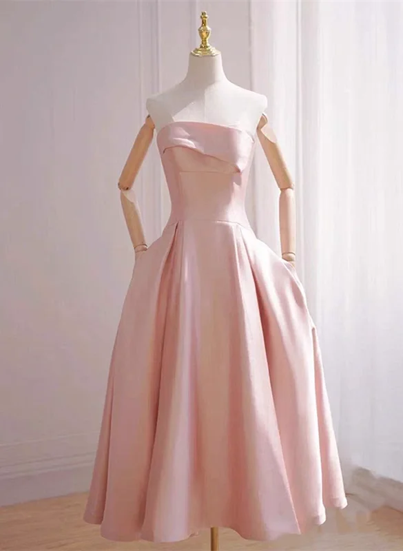 Pink Tea Length Simple Satin Wedding Party Dress, Pink Short Formal Dress Crew Neckline Sporty