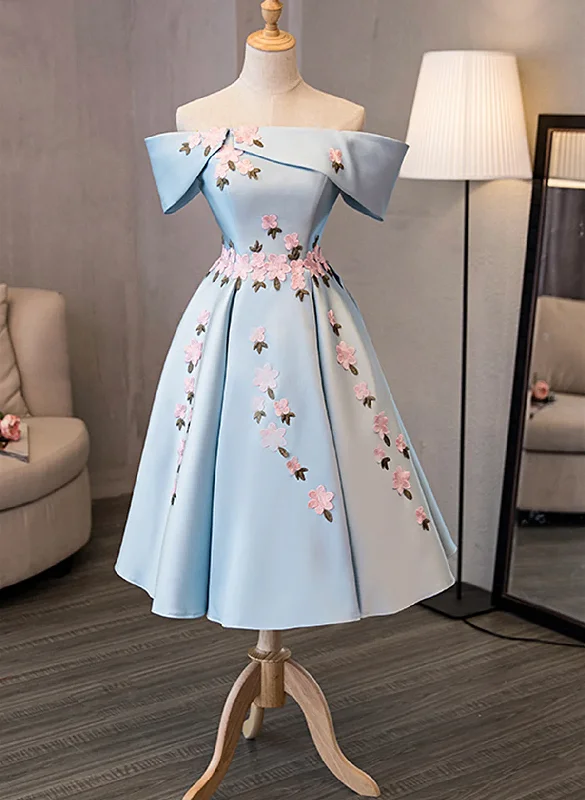 Blue Satin Short Party Dress with Flowers, Blue Knee Length Homecoming Dress Boat Neckline Classic
