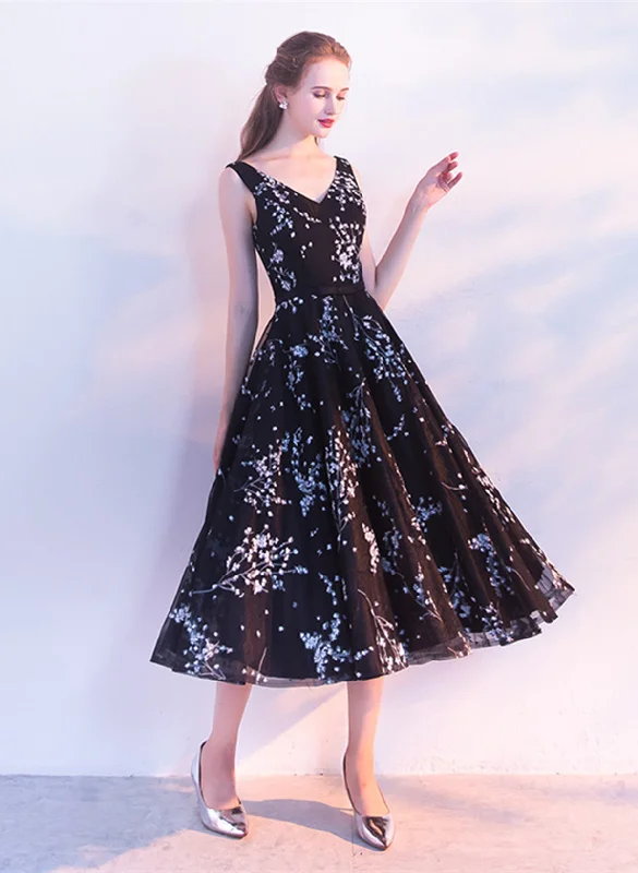Black Floral Tulle V-neckline Tea Length Party Dress, Black Tulle Homecoming Dress Tunics Cozy soft