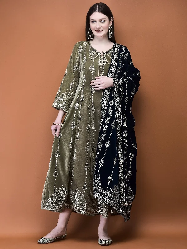 Women Winter Velvet Green Ornamental Print Dress With Dupatta Tunics Practical easy-care
