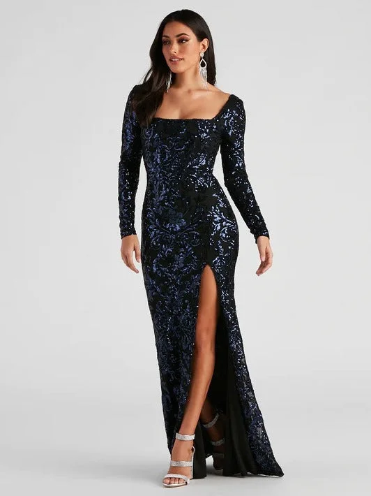Backless Lace-Up Long Charming Sleeve Sequin Party Dress A-Line Day Work
