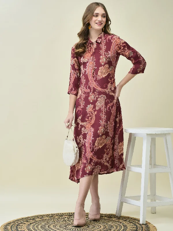 Women Crepe Burgundy Paisley Print Dress Tunics Winter warm