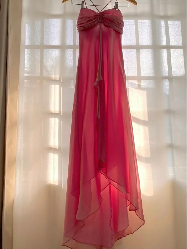 Pink Strapless A-Line Chiffon Vintage Long Party Dress Evening Gown, DP4656 Tunics Satin smooth