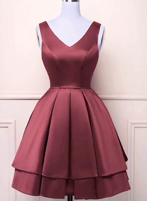 Wine Red Satin V-neckline Short Party Dress, Wine Red Homecoming Dress Peplum Ruffle Cocktail