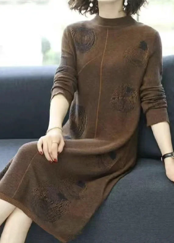 Coffee Cozy Cotton Knit Long Dress Turtleneck Long Sleeve Tunics Trendy modern