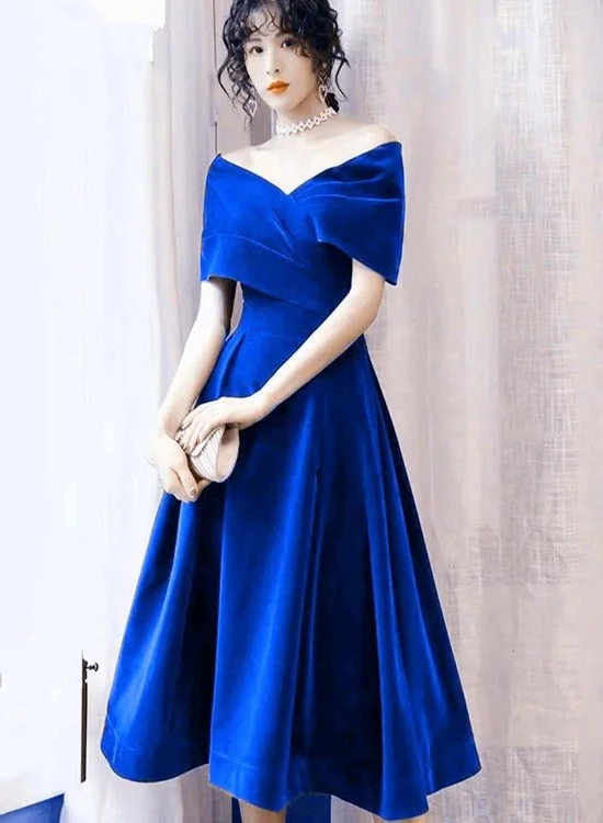 Lovely Royal Blue Velvet Tea Length Off Shoulder Party Dress, Blue Velvet Homecoming Dress Tunics Formal black