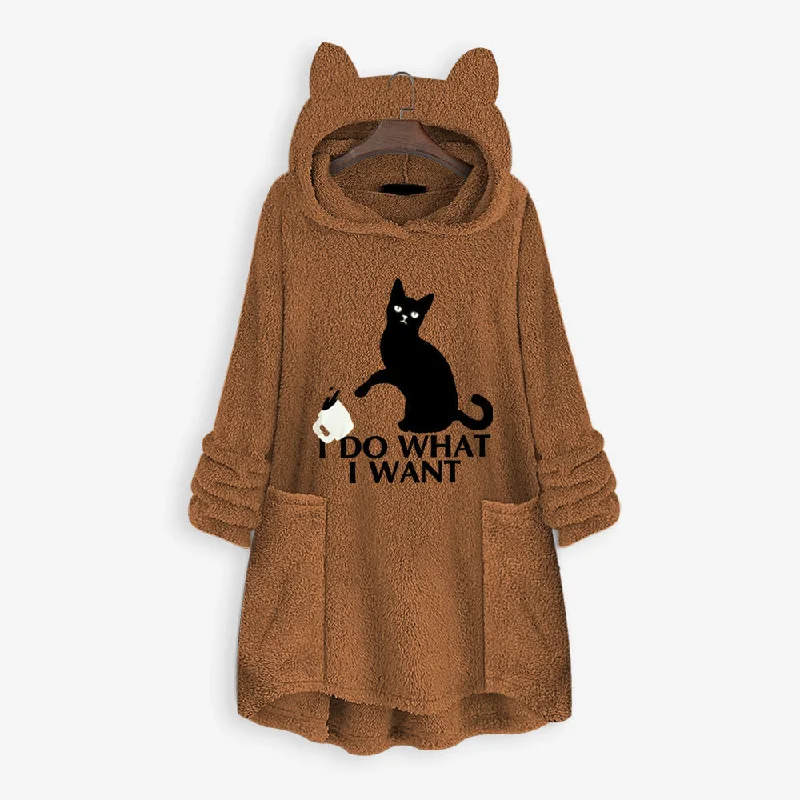 Casual Embroidery Cat Designed Loose Hoodies for Women Hoodie with Back Slit Movement Comfort