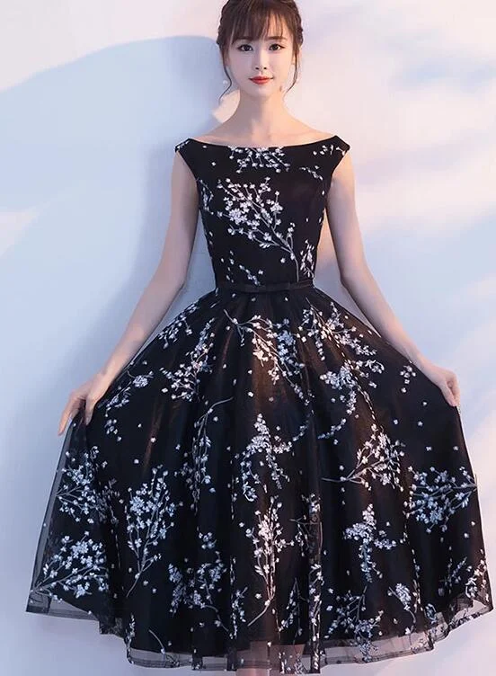 Black Floral Tea Length Evening Party Dress, Black Formal Dress Tunics Review highly