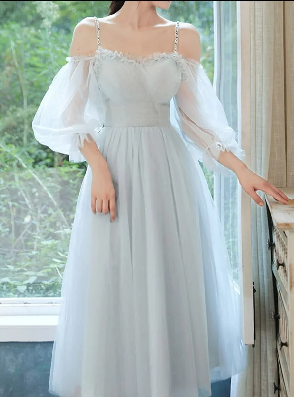 Light Blue Tea Length Party Dress with Puffy Sleeves, Charming Blue Formal Dresses Tunics Hiking breathable
