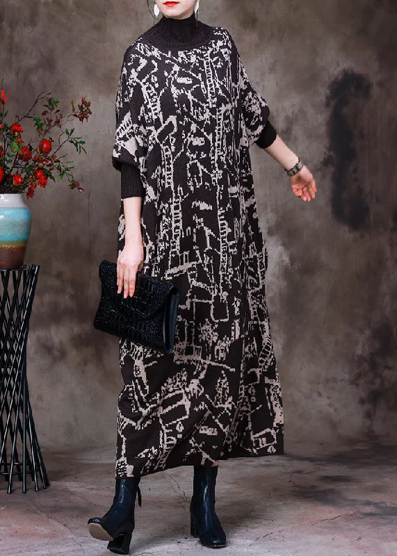 Beautiful Black Turtleneck Print Knit Patchwork Long Dress Long Sleeve Tunics Seasonal trendy