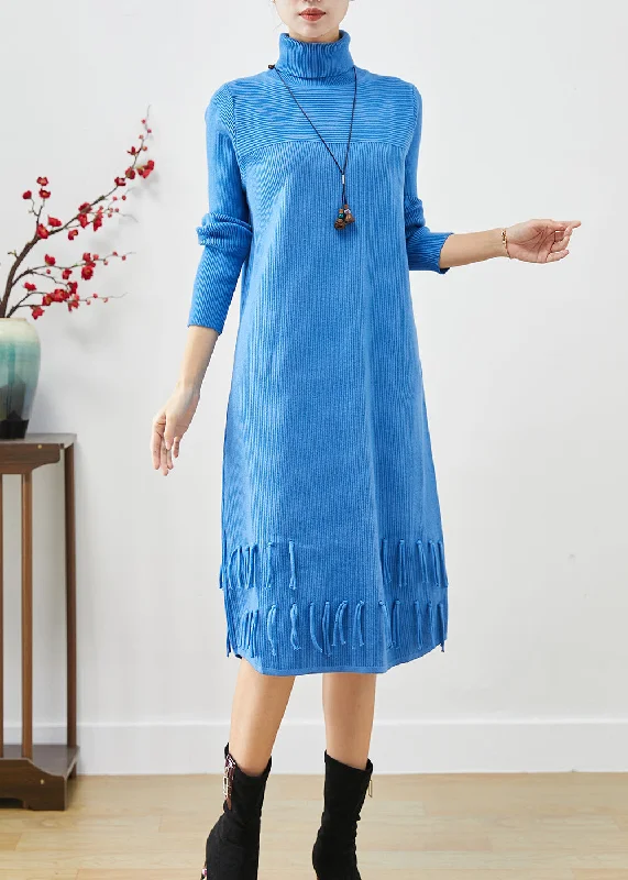 Women Blue Tasseled Patchwork Knit Long Dress Fall Tunics Stylish elegant